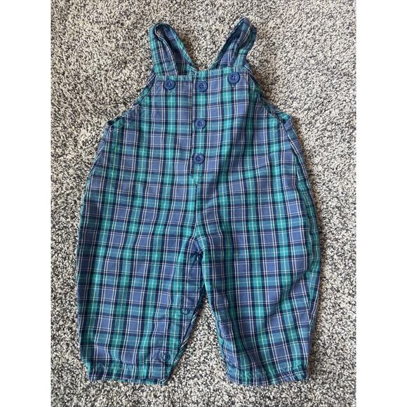 Vintage Oshkosh B’gosh Teal Purple 1/2 Button Up Adjustable Overalls Sz 6/9 Mo - Picture 1 of 10